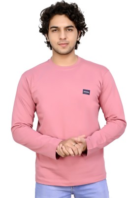 Go Stretch Solid Men Round Neck Pink T-Shirt