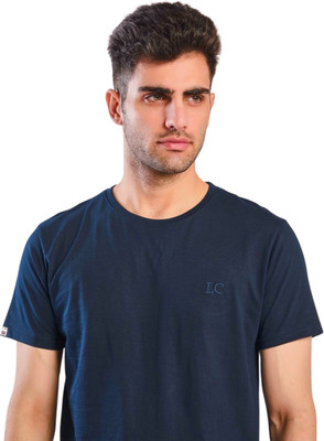LONDON COLORS Solid Men Round Neck Navy Blue T-Shirt