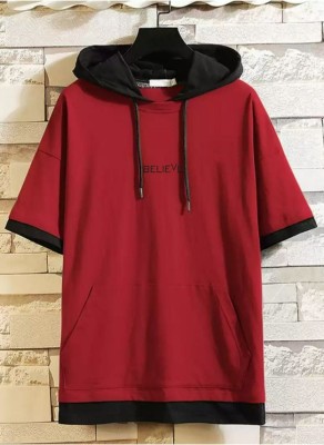 Bell Paper Solid Men Hooded Neck Maroon T-Shirt