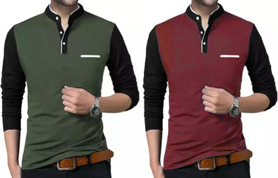 Vescor Design Solid Men Mandarin Collar Dark Green, Maroon T-Shirt