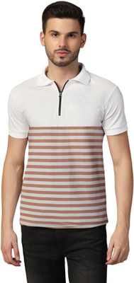 tfurnish Striped Men Polo Neck Maroon T-Shirt