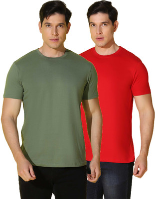 WOOSTRO Solid Men Round Neck Red, Green T-Shirt