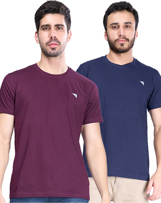 Ramraj Cotton Solid Men Crew Neck Purple, Navy Blue T-Shirt