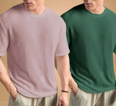 BOOM BAAM Solid Men Round Neck Orange, Green T-Shirt