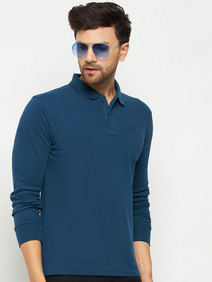 98 Degree North Solid Men Polo Neck Blue T-Shirt