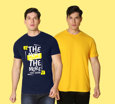 WOOSTRO Printed, Solid Men Round Neck Blue, Yellow T-Shirt