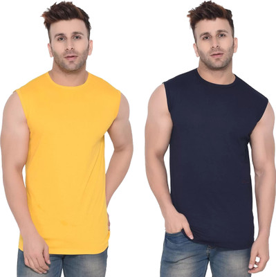 Moordale Fab Solid Men Round Neck Yellow, Dark Blue T-Shirt