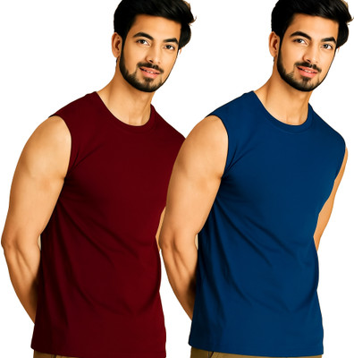 Jangoboy Solid Men Round Neck Maroon, Dark Blue T-Shirt