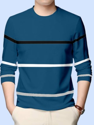 AOOSH Striped Men Round Neck Dark Blue T-Shirt