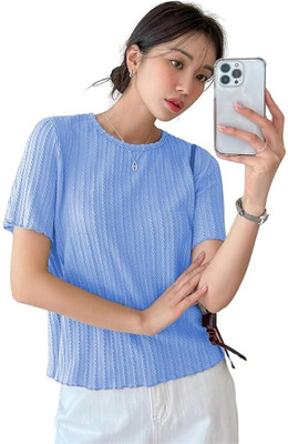SAVAYO Self Design Women Round Neck Blue T-Shirt