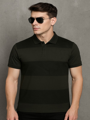 Hushbucks Striped Men Polo Neck Dark Green, Black T-Shirt