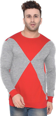 GEUM Colorblock Men Round Neck Red, Grey T-Shirt