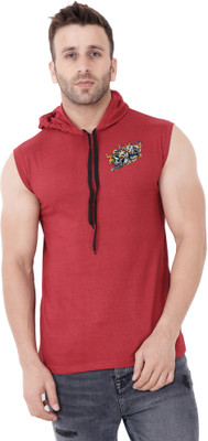 GEUM Printed Men Hooded Neck Maroon T-Shirt