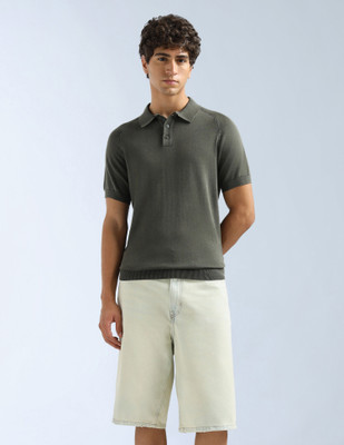 FLYING MACHINE Solid Men Polo Neck Green T-Shirt