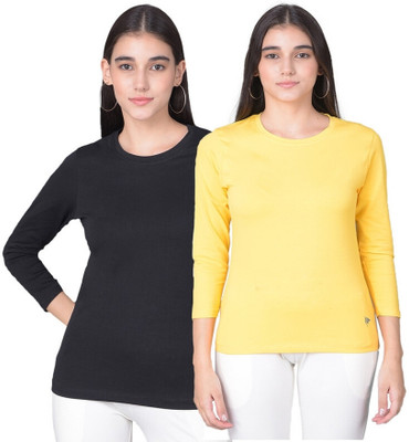 Comfort Lady Solid Women Round Neck Yellow, Black T-Shirt