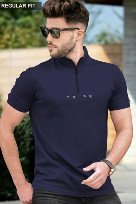 TRIPR Solid Men Henley Neck Navy Blue T-Shirt