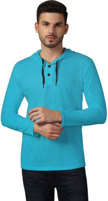 GEUM Self Design Men Hooded Neck Light Green T-Shirt