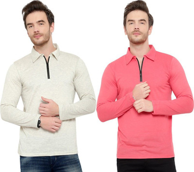 JB Jangoboy Solid Men Polo Neck Pink, Grey T-Shirt