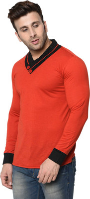 SHOPSOLUTION Solid Men Shawl Neck Red T-Shirt