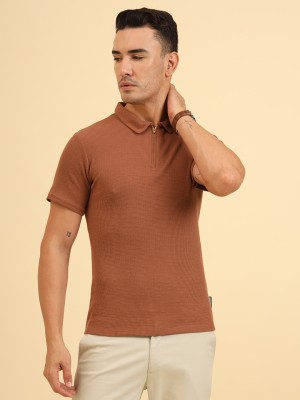 UNIQSOME Self Design Men Zip Neck Brown T-Shirt