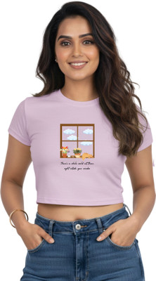 SPACE N OCEAN Printed Women Round Neck Purple, Brown T-Shirt