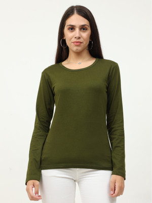 Fleximaa Solid Women Round Neck Green T-Shirt