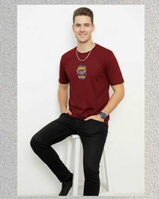 Elega Stride Printed Men Round Neck Maroon T-Shirt