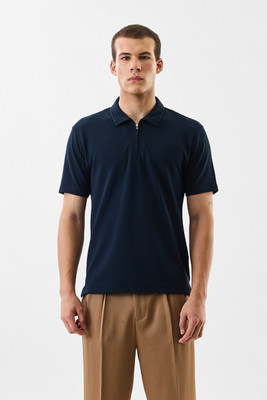 Snitch Solid Men Zip Neck Navy Blue T-Shirt