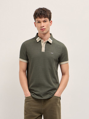 THE BEAR HOUSE Self Design Men Polo Neck Brown T-Shirt