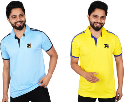 La Milano Striped Men Polo Neck Yellow, Light Blue T-Shirt
