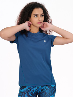 TECHNOSPORT Solid Women Round Neck Blue, Green T-Shirt