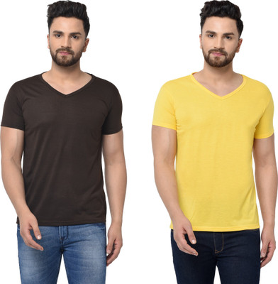 Tresna Trendy Solid Men V Neck Brown, Yellow T-Shirt