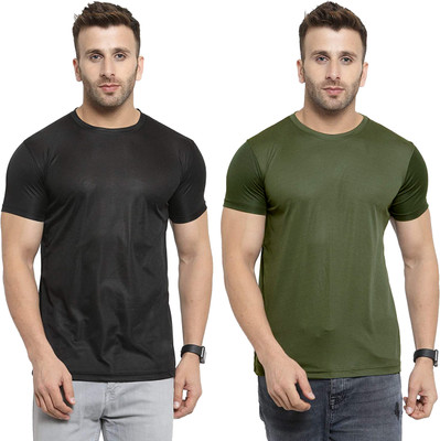 Renowned Solid Men Round Neck Black, Dark Green T-Shirt