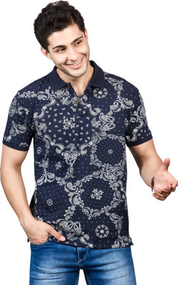 BE POSITIVE Printed Men Polo Neck Dark Blue T-Shirt