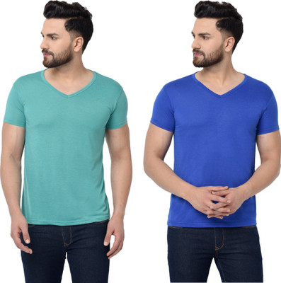 Tresna Trendy Solid Men V Neck Dark Blue, Light Green T-Shirt