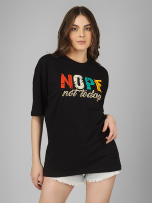 PUBCLUB Printed Women Round Neck Black T-Shirt