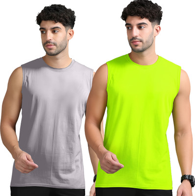 Moordale Solid Men Round Neck Grey, Green T-Shirt