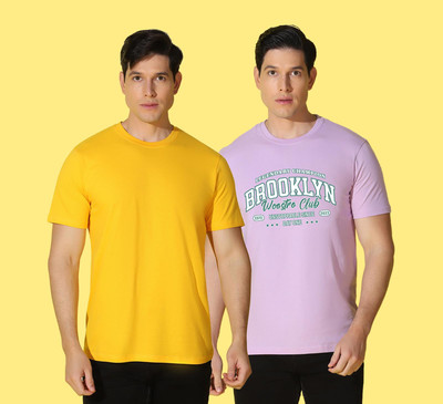 WOOSTRO Printed Men Round Neck Yellow, Purple T-Shirt