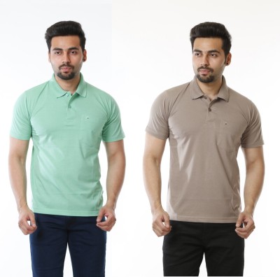 Moudlin Solid Men Polo Neck Brown, Light Green T-Shirt
