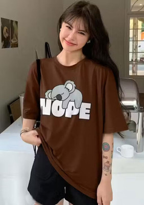 Vylo Printed Women Round Neck Brown T-Shirt