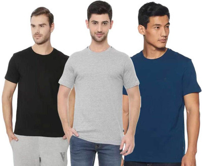 VAN HEUSEN Solid Men Round Neck Dark Blue, Grey, Black T-Shirt