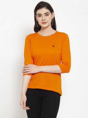 HouseOfCommon Solid Women Round Neck Orange T-Shirt