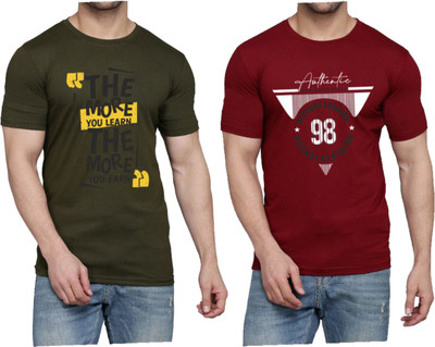 WOOSTRO Printed Men Round Neck Dark Green, Maroon T-Shirt