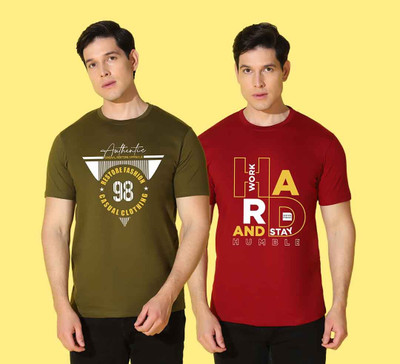 WOOSTRO Typography Men Round Neck Green, Maroon T-Shirt