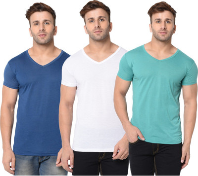 JB Jangoboy Solid Men V Neck Dark Blue, White, Light Green T-Shirt
