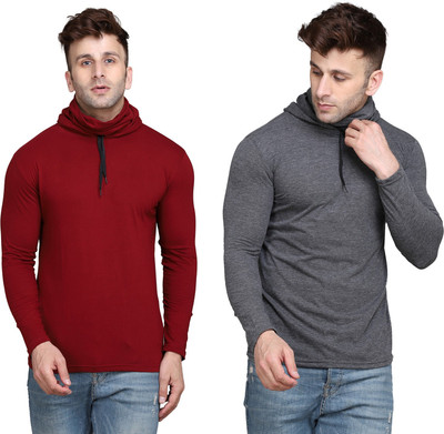 GEUM Solid Men Hooded Neck Maroon, Grey T-Shirt