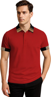 hoshiii Solid, Striped Men Polo Neck Black T-Shirt