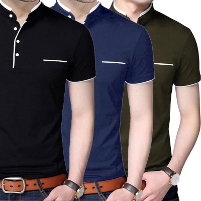 Lets Shine Solid Men Mandarin Collar Black, Dark Blue, Gold T-Shirt