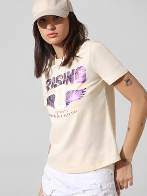 ONLY Printed Women Round Neck Beige T-Shirt