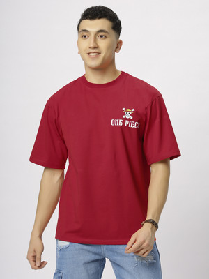 N AND J Printed Men Round Neck Red T-Shirt